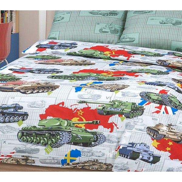 Подростковый кпб бязь серии Танки с белым фоном и зеленым компаньоном