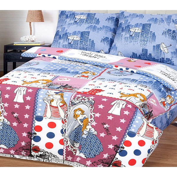 Подростковая бело-бордовая бязь Селфи-город с красочными рисунками и светло-синим компаньоном