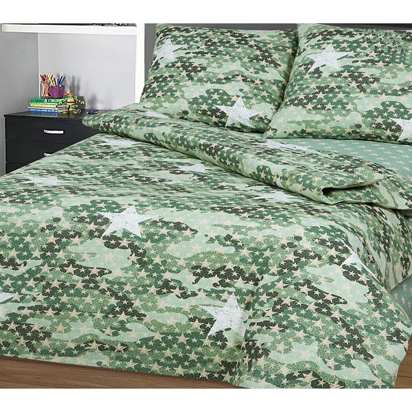 Подростковая защитно-зеленая бязь Милитари с белыми звездами и светло-зеленым компаньоном