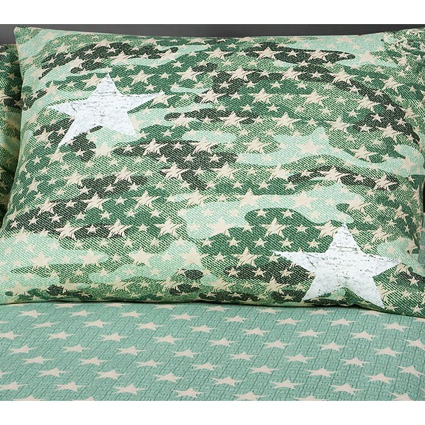 Защитно-зеленая подростковая бязь Милитари с белыми звездами со светло-зеленым компаньоном