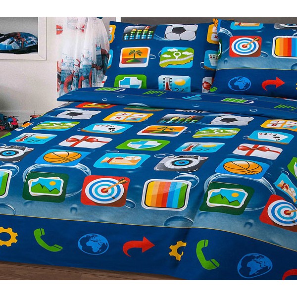 Синяя бязь серии матрица подростковая с разноцветными рисунками