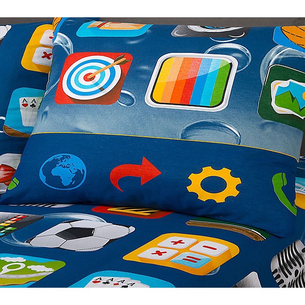 Синяя подростковая бязь Матрица с разноцветными рисунками