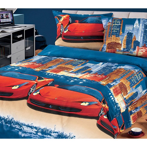 Синяя подростковая бязь серии Лидер с красными машинами