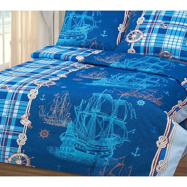 Синяя подростковая бязь Бригантина с рисунками морской тематики