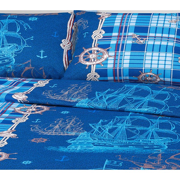 Синяя подростковая бязь Бригантина с морскими рисунками