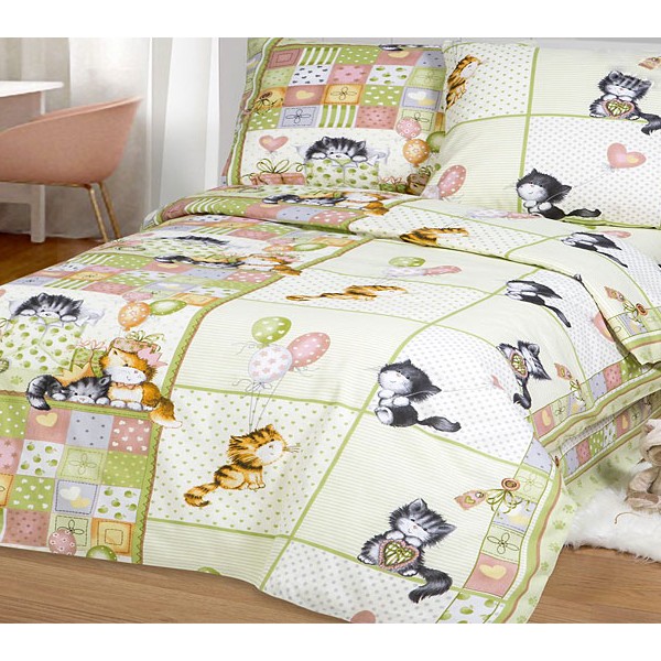 Бело-зеленоватая детская бязь Шалунишки с котиками