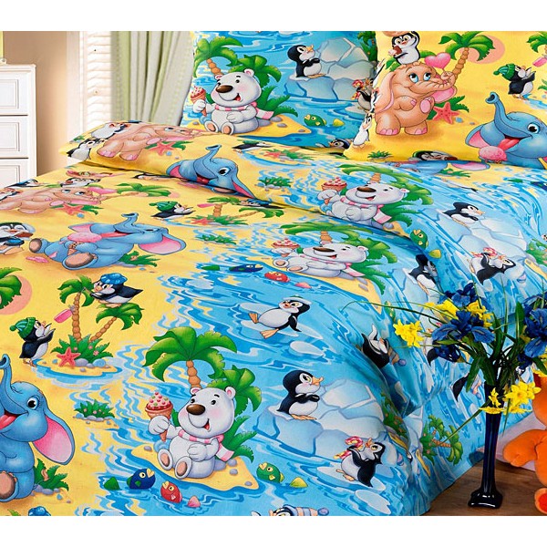 Желто-синяя детская бязь Чудо остров с мультяшными персонажами