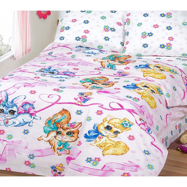 Бело-розовая детская бязь Хвостики с кошками и цветочками