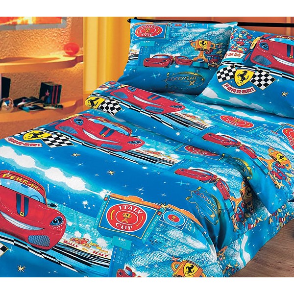 Синяя детская бязь Ралли с красными машинками