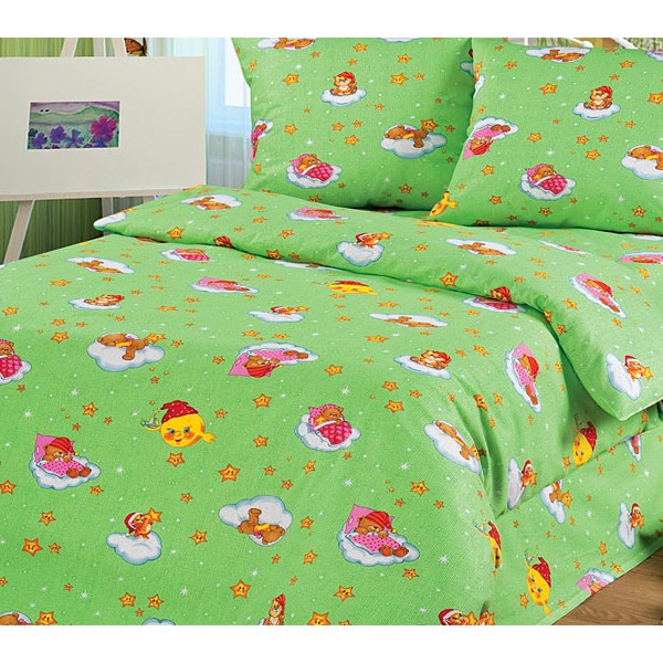 Однотонно-зеленая детская бязь Облачко с рисунками