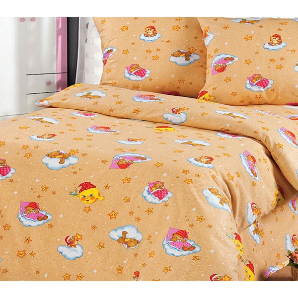 Однотонно-оранжевая детская бязь Облачко с рисунками