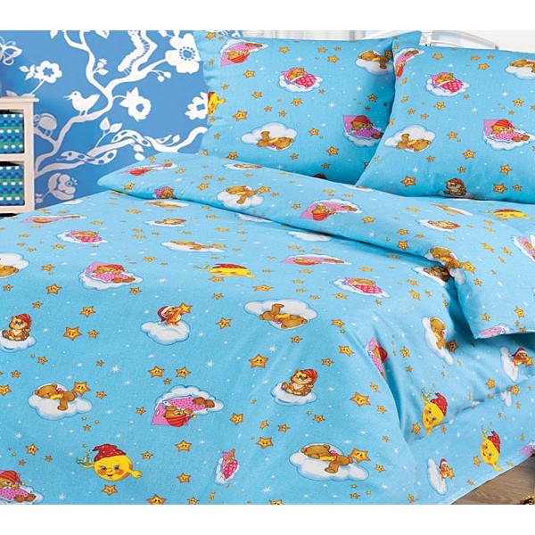 Однотонно-голубая детская бязь Облачко с детскими рисунками