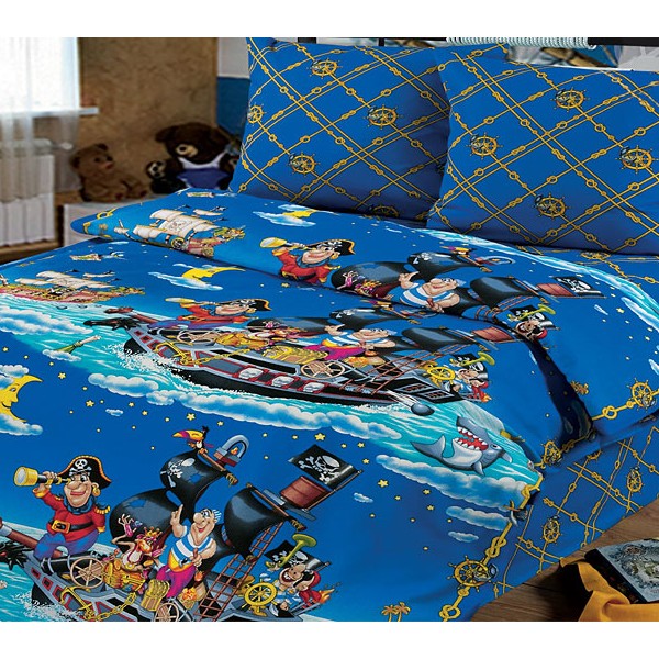 Синяя бязь Пираты с детскими рисунками