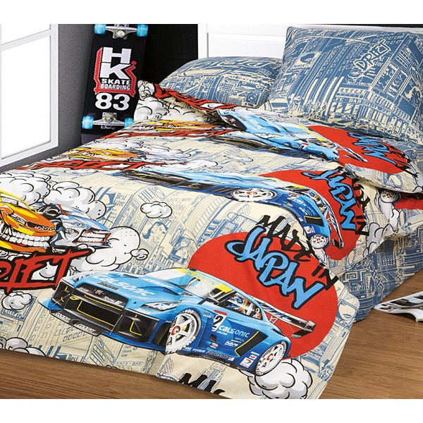 Сине-кремовая бязь Дрифт с машинами