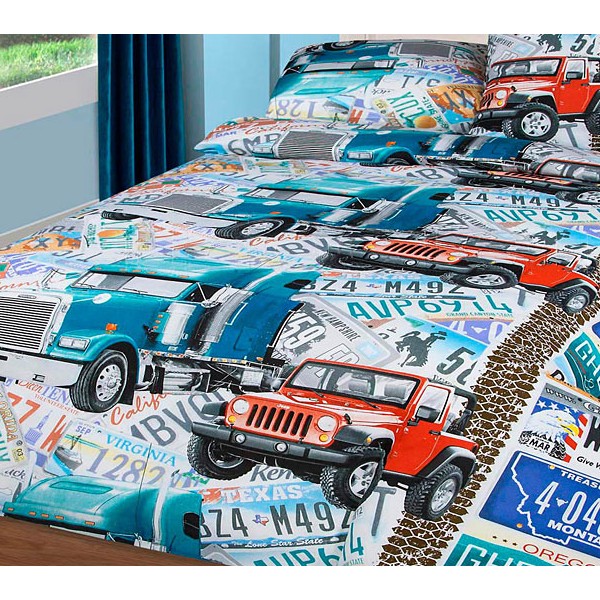 Белая детская бязь серии Автобан с разноцветными автомобилями