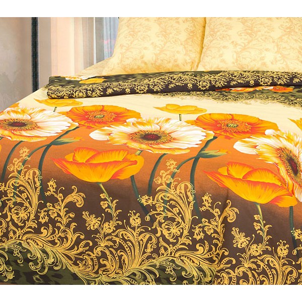 Детский кпб из коричневой бязи Янтарные маки с огромными цветами и светло-желтым компаньоном