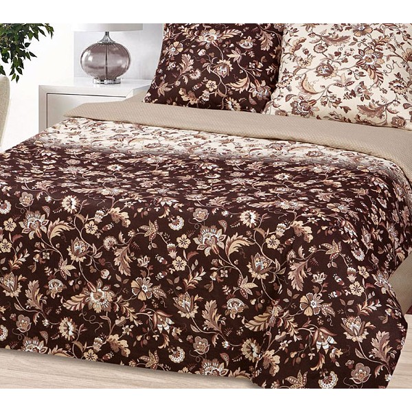 Постельное белье из коричнево-белой бязи эксклюзив Шахиня с цветами и серовато-бежевым компаньоном