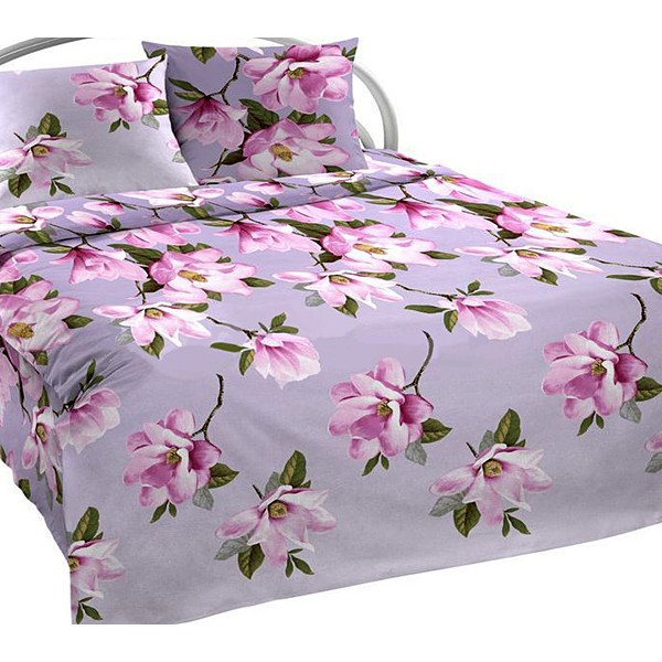 Постельное белье из лавандовой шуйской бязи с большими розовыми цветами