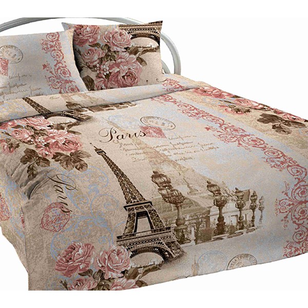 Постельное белье из светло-бежевой шуйской бязи с розовыми цветами и Эйфелевой башней