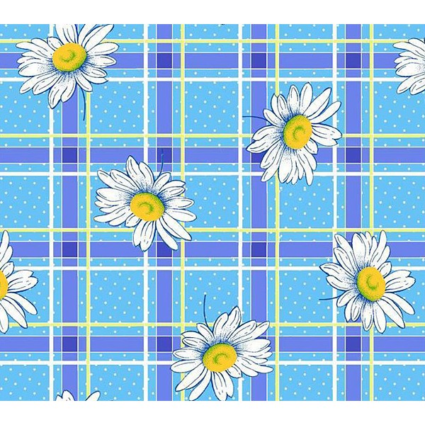 Голубая шуйская бязь в фиолетовую клетку с ромашками