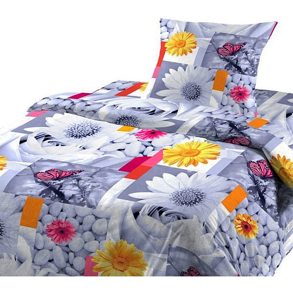 Серо-белая шуйская бязь с абстракцией и красочными цветами