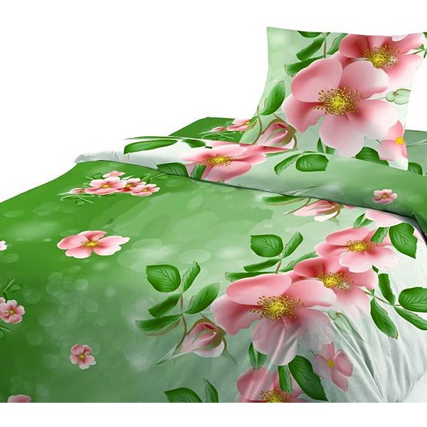 Постельное белье из бело-зеленой шуйской бязи со светло-розовыми цветами