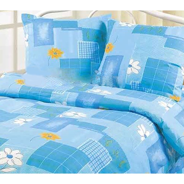 Бирюзово-голубая абстракция на шуйской бязи с цветами