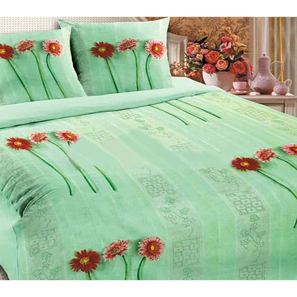 Светло-зеленая шуйская бязь с красными цветами