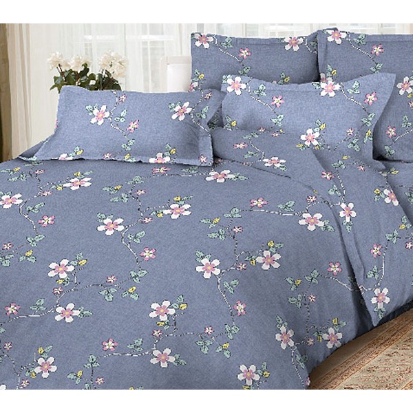 Постельное белье из сине-серой бязи эксклюзив с белыми цветочками