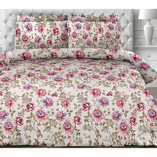 Светло-бежевая тейковская бязь с красными и фиолетовыми цветами