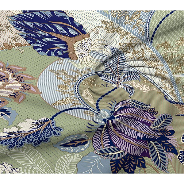 Фиолетовые синие и бежевые цветы бежево-зеленой тейковская бязи со сложными рисунками вблизи