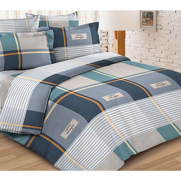 Серовато-бежевая тейковской бязь с сине-зелеными квадратами и оранжевой полосой