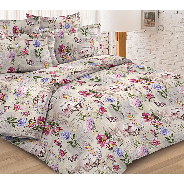 Песочная бязь люкс с красно-синими цветами