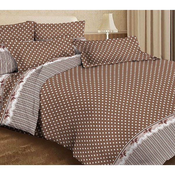 Светло-коричневая тейковская бязь в белый горошек с белой полосатой каймой