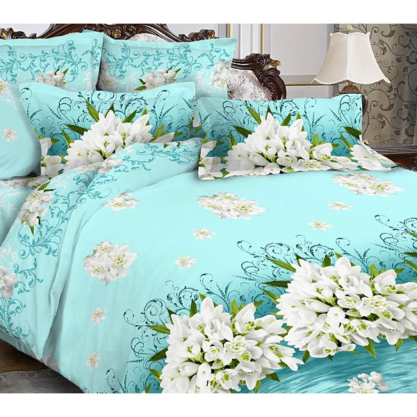 Ярко-голубая тейковская бязь люкс с букетами белых цветов