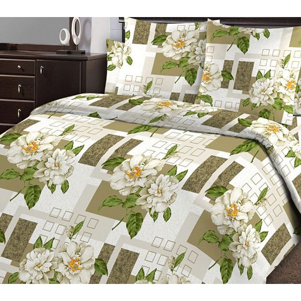 Белая тейковской бязь с серовато-зеленой абстракцией и белыми цветами