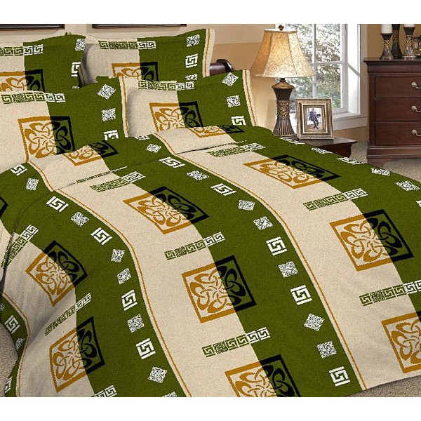 Кремово-зеленые широкие полосы тейковской бязи с рисунками