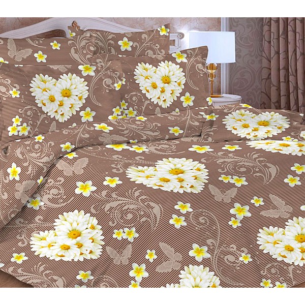 Светло-коричневая тейковская бязь со светлыми полосами и белыми ромашками