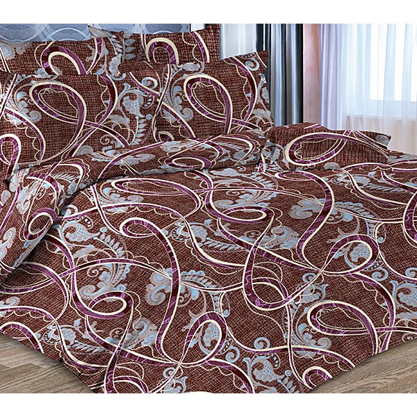 Коричневая тейковская бязь с бордово-голубыми рисунками