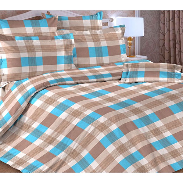 Светло-коричневая тейковская бязь с голубыми квадратами