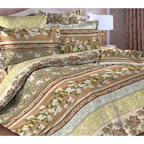 Зелено-коричневая тейковская бязь с красивыми букетами цветов