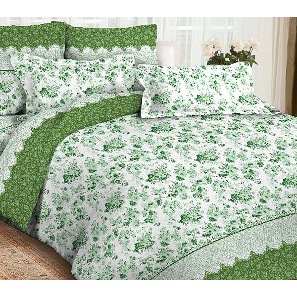 Белая тейковская бязь с зелеными цветами и ярко-зеленой каймой