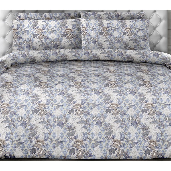 Сливочная перкаль Боттичелли с цветами и синими рисунками