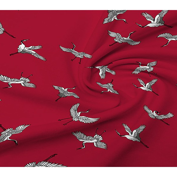Розово-красная однотонная перкаль с белыми журавлями