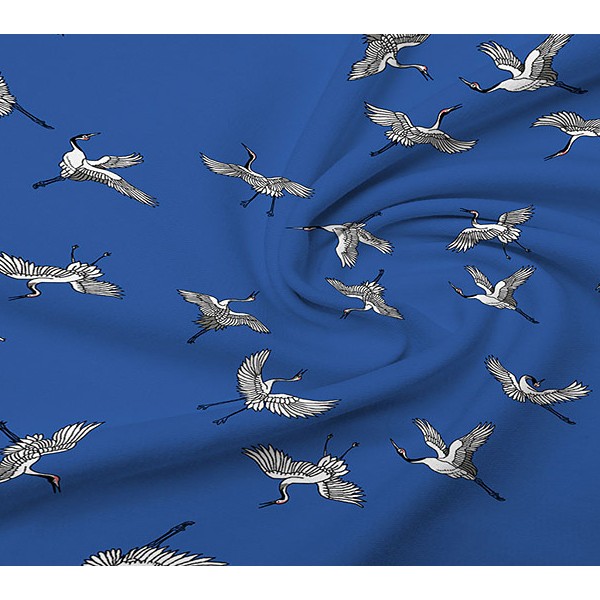 Однотонно-синяя перкаль с белыми журавлями