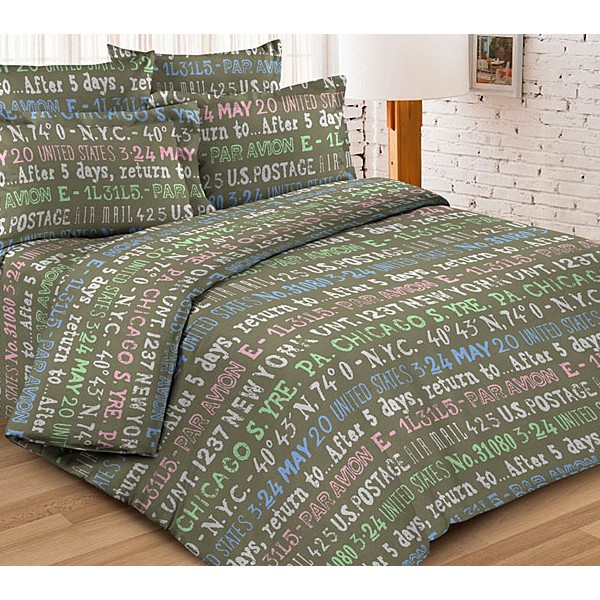 Зеленовато-серая тейковская бязь с разноцветными надписями