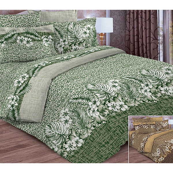 Бело-зеленая тейковская бязь со сложными рисунками цветов