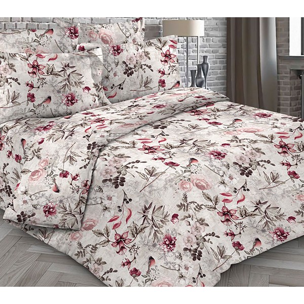 Бело-кремовая тейковской бязь с бордово-красными и бледно-розовыми цветами