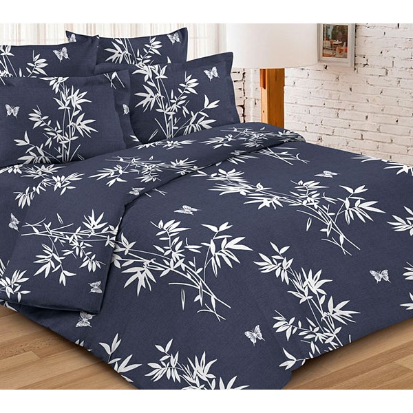 Темно-синяя тейковская бязь с белыми рисунками бамбука