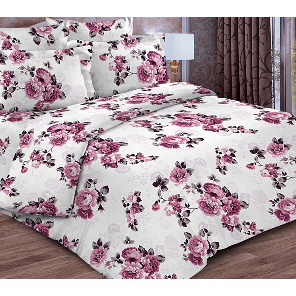 Постельное белье из молочно-кремовой тейковской бязи со светло-бордовыми цветами